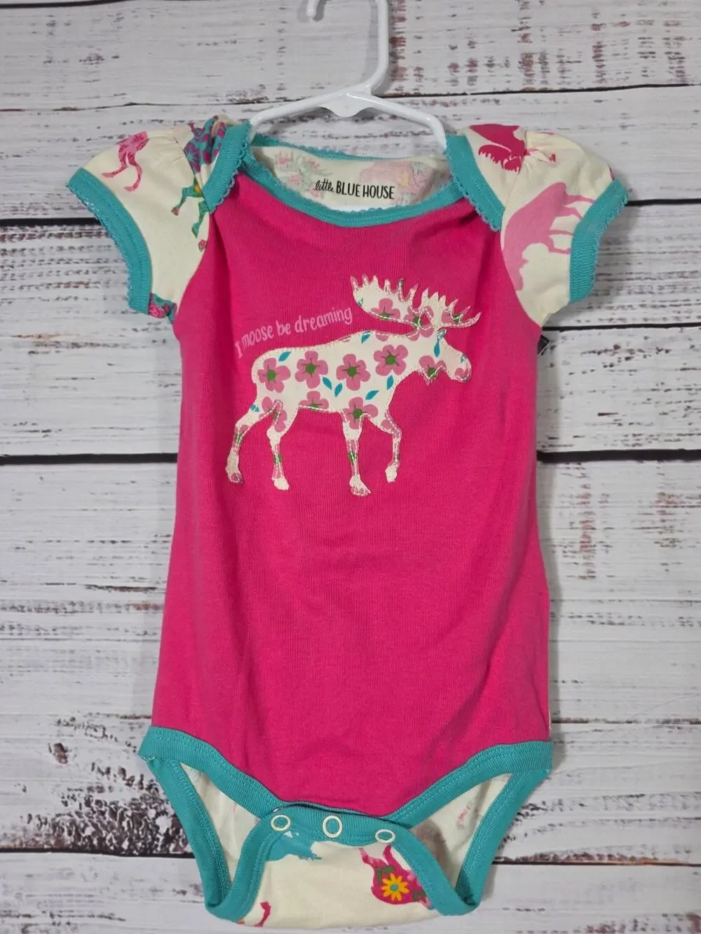 Little Blue House By Hatley Moose Be Dreaming Bodysuit 6-12 Month Pink Teal NWT